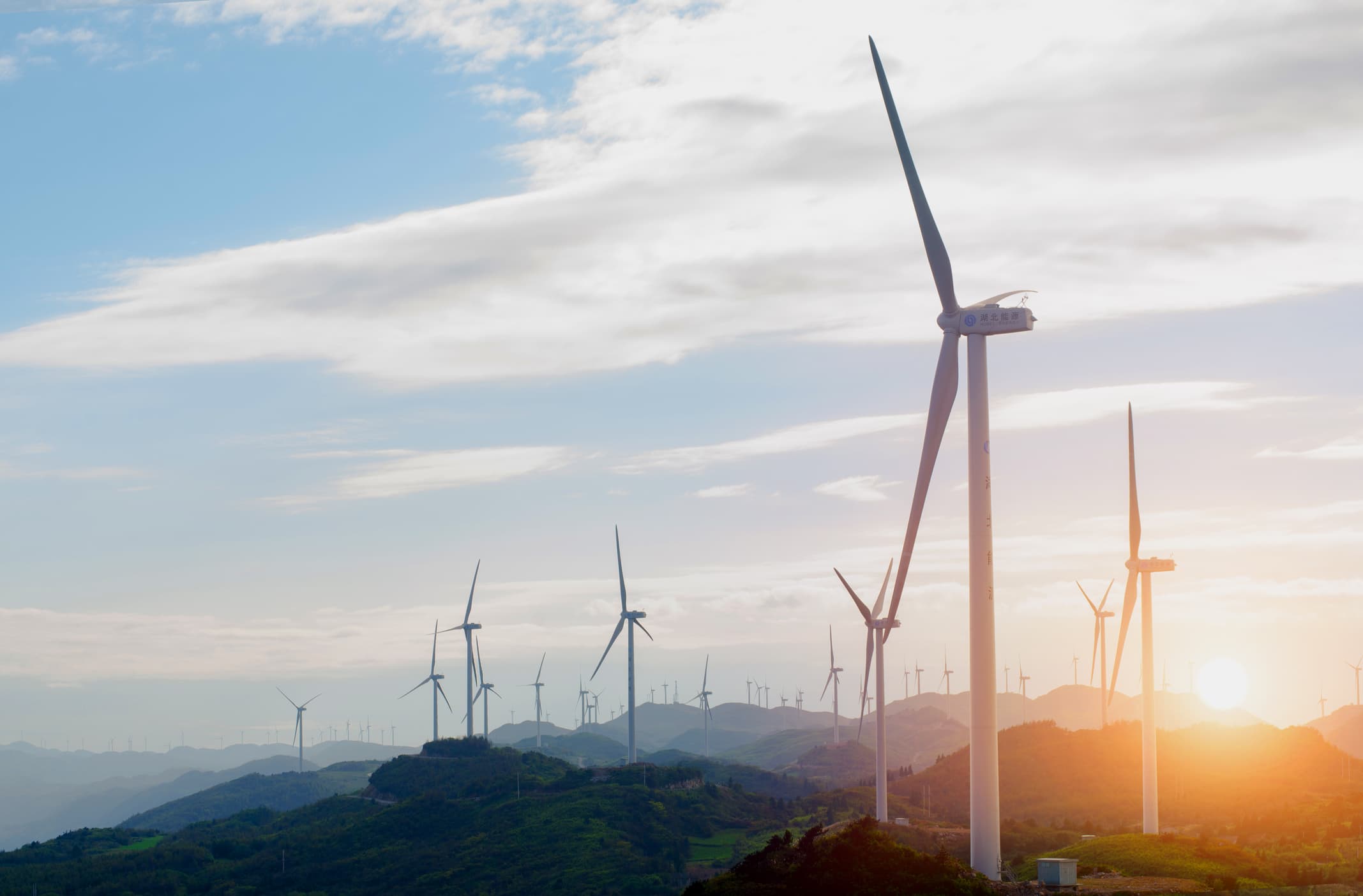 Rows of wind turbines on green hills at sunset in a wind farm
