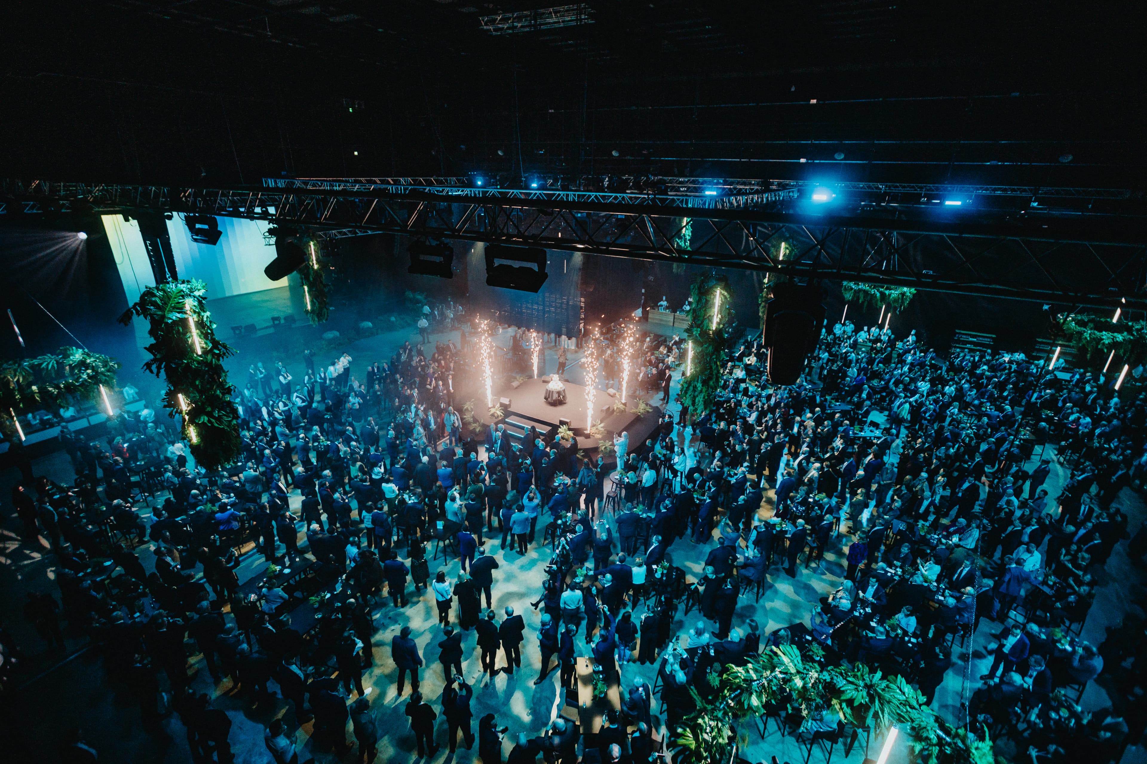 Venue at Rockhal with huge crowd in bird perspective