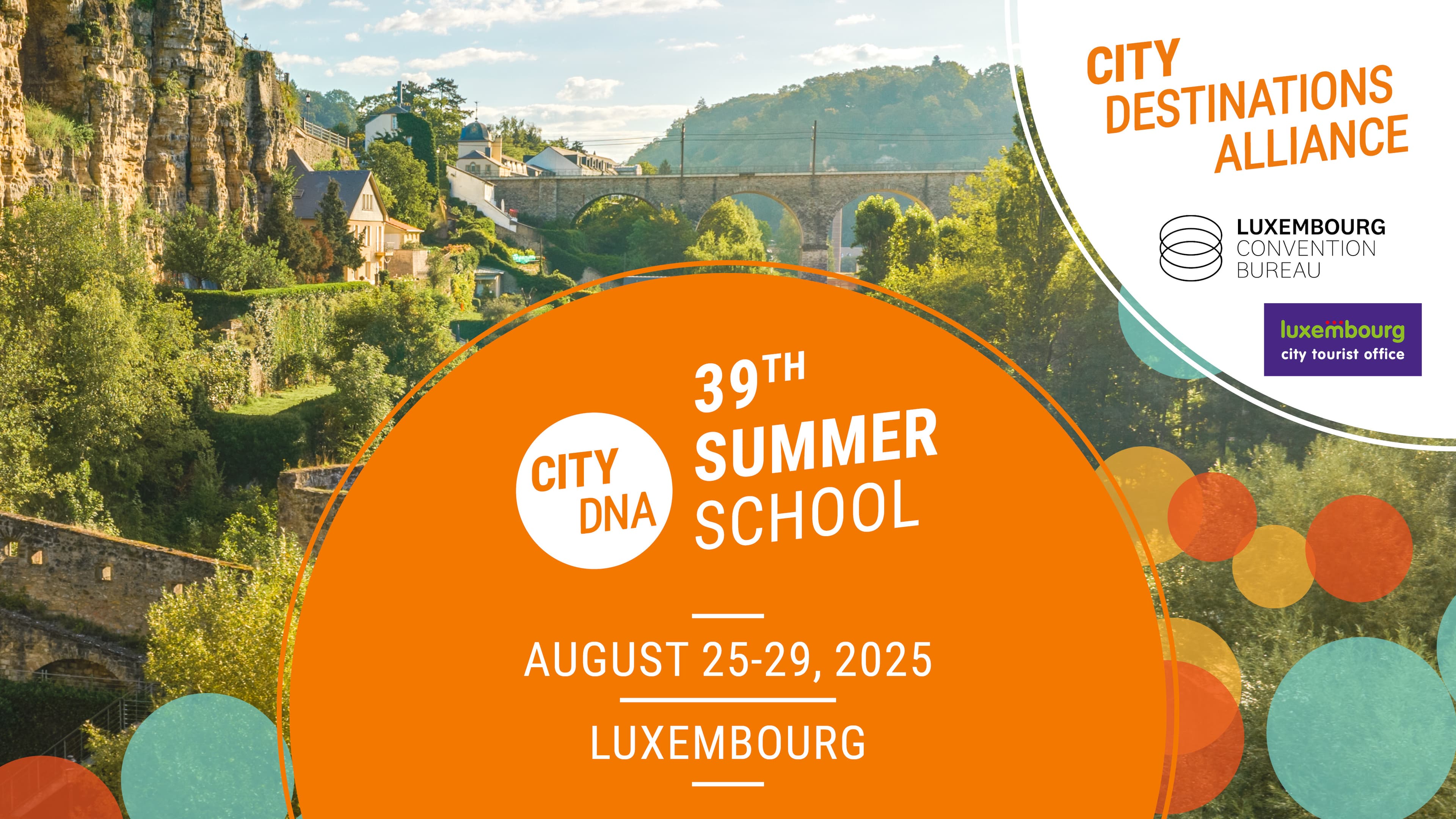 Banner for City DNA 39th Summer School, Luxembourg, 25-29 August 2025, over a valley view